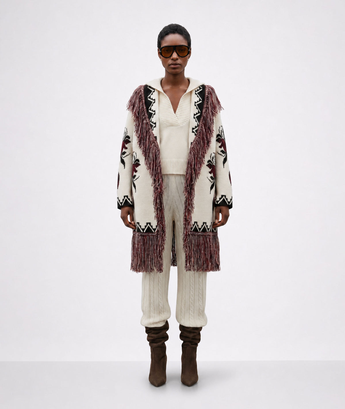 Mallory The Label | Ecru jacquard knitted fringed Biarritz belted cardigan