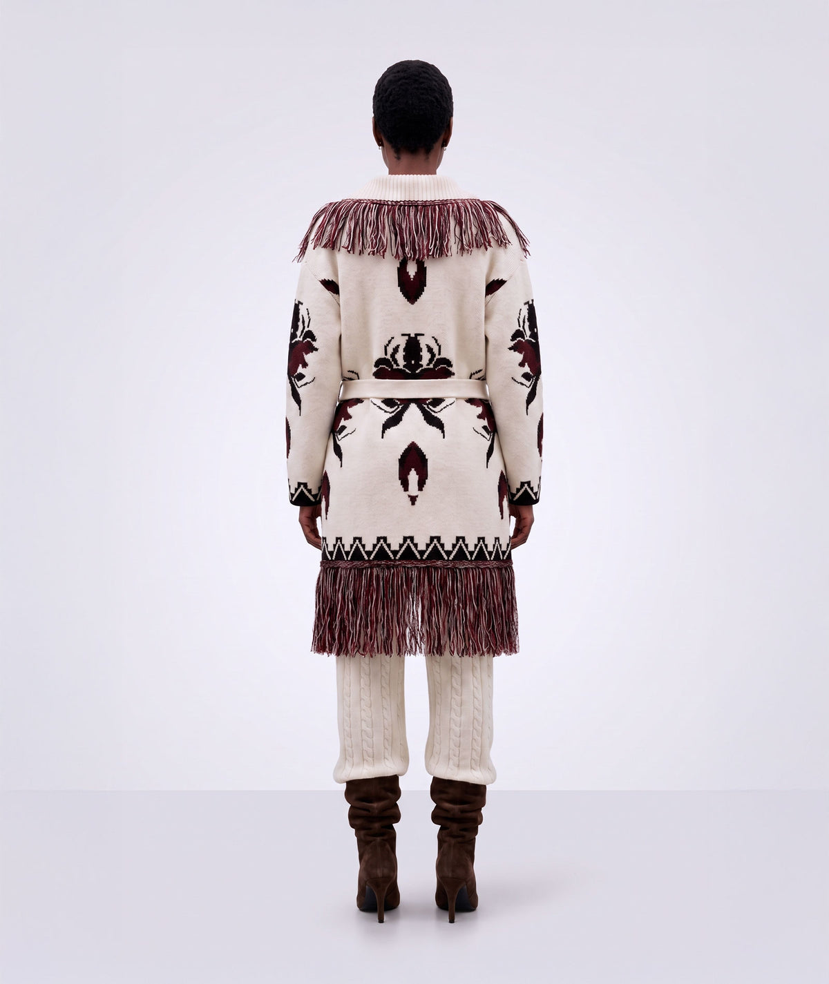 Mallory The Label | Ecru jacquard knitted fringed Biarritz belted cardigan