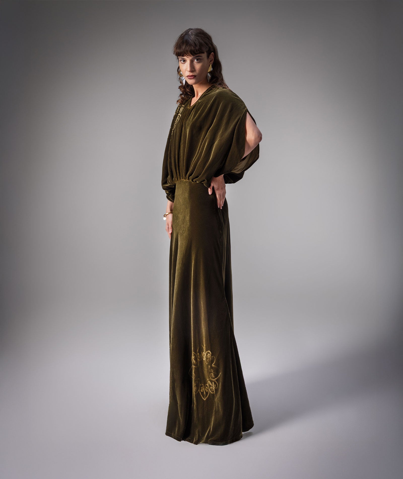 Themis Z | Khaki imposed silk-velvet Amore maxi dress