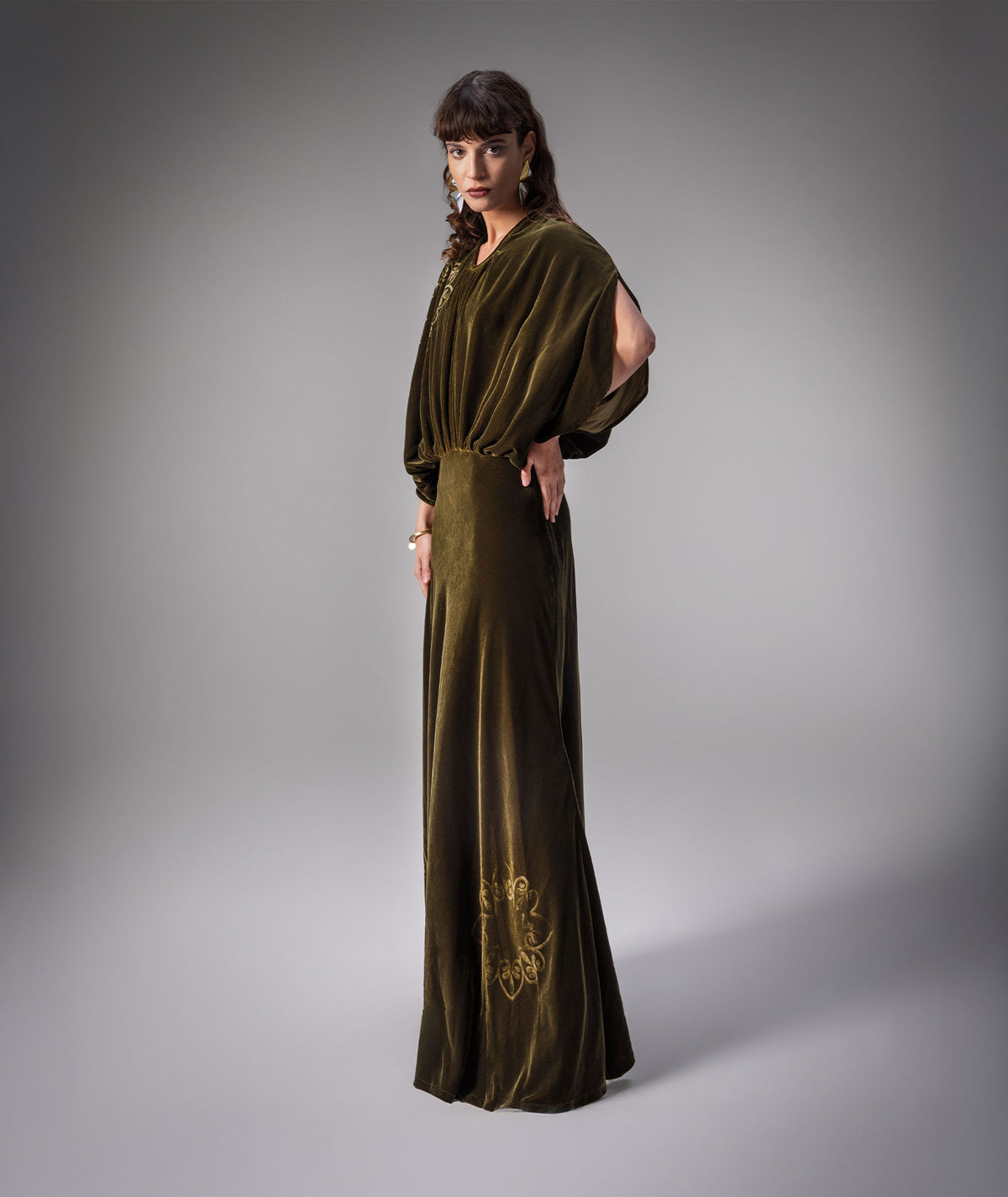 Themis Z | Khaki imposed silk-velvet Amore maxi dress