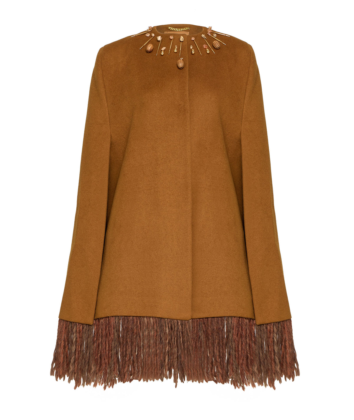 Themis Z | Camel wool-cashmere embellished Antiope fringed cape