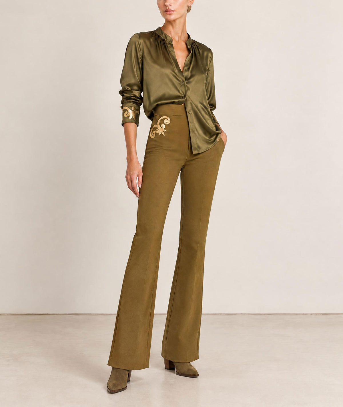 Themis Z | Khaki Selene flared pants with gold foil