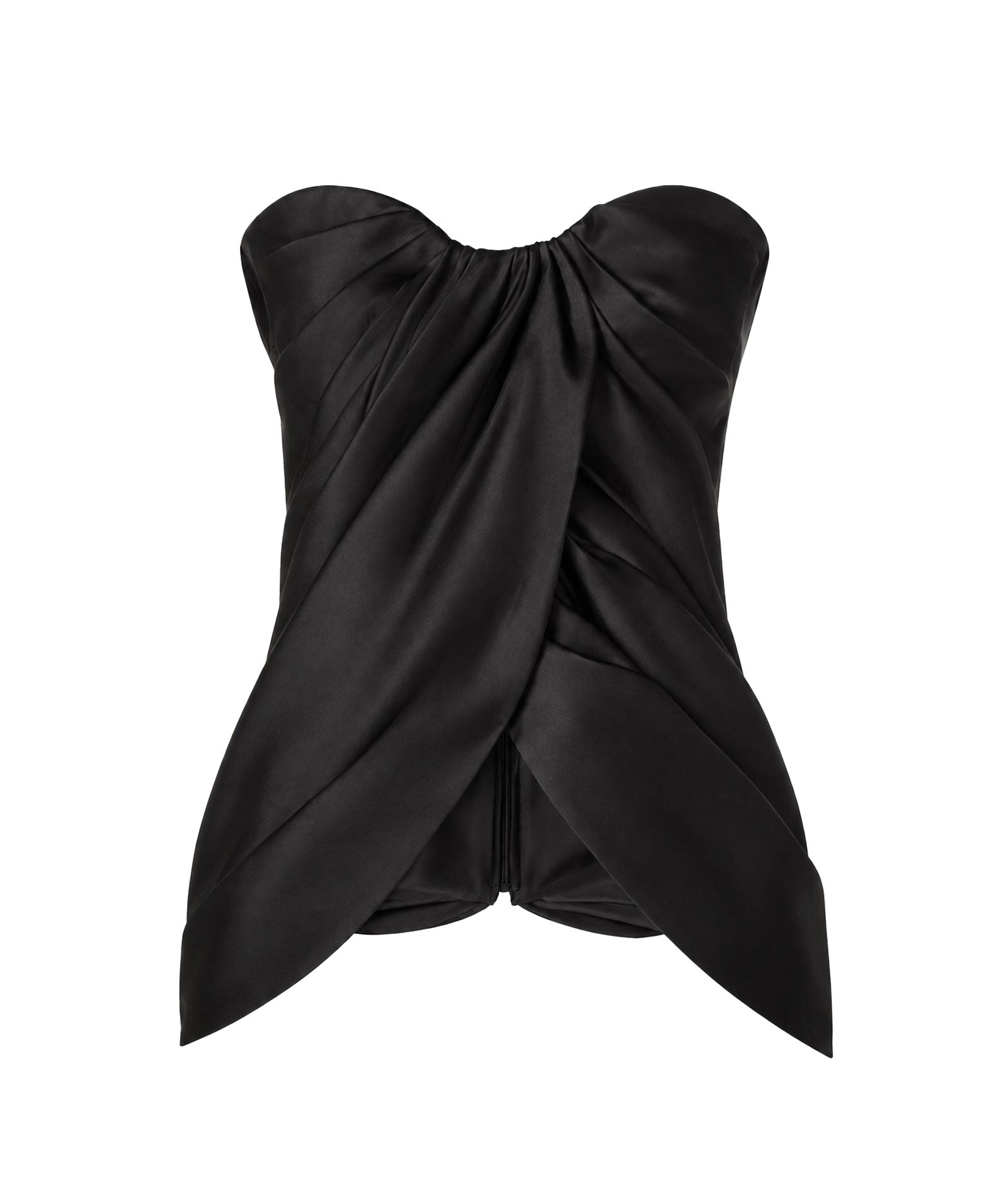 Costarellos | Black silk-blend mikado draped strapless Lyza top