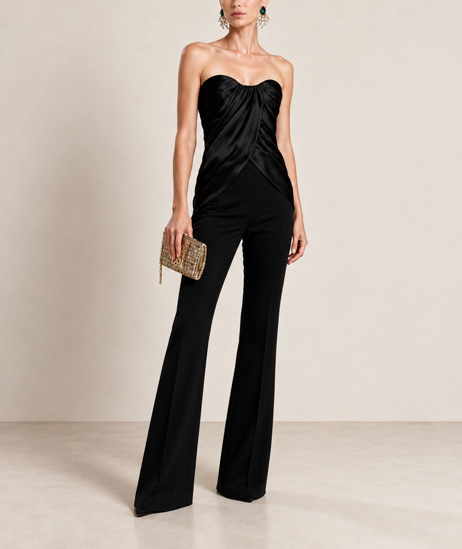 Costarellos | Black silk-blend mikado draped strapless Lyza top
