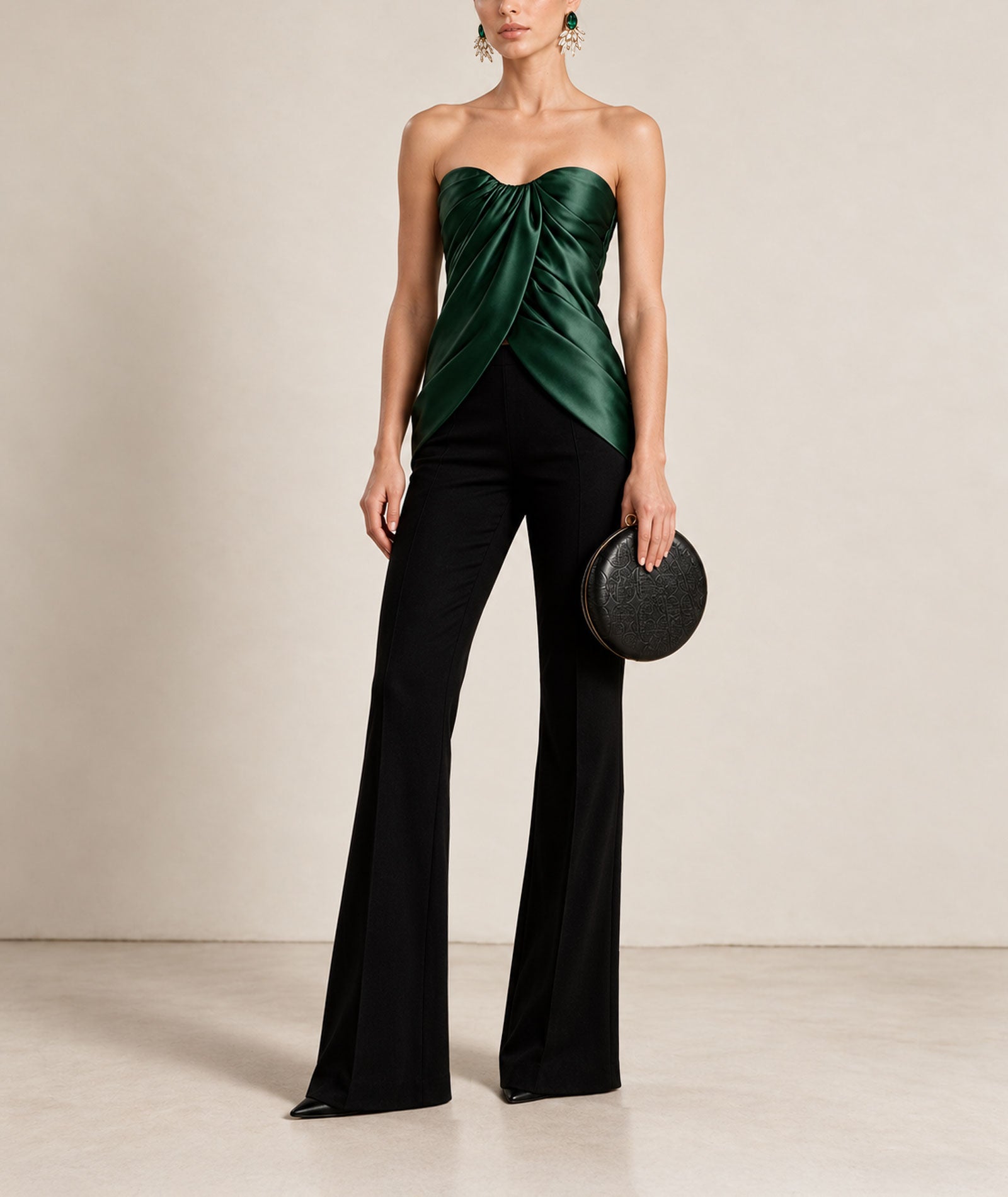 Costarellos | Green silk-blend mikado draped strapless Lyza top
