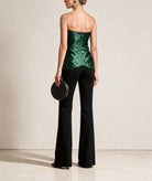 Costarellos | Green silk-blend mikado draped strapless Lyza top