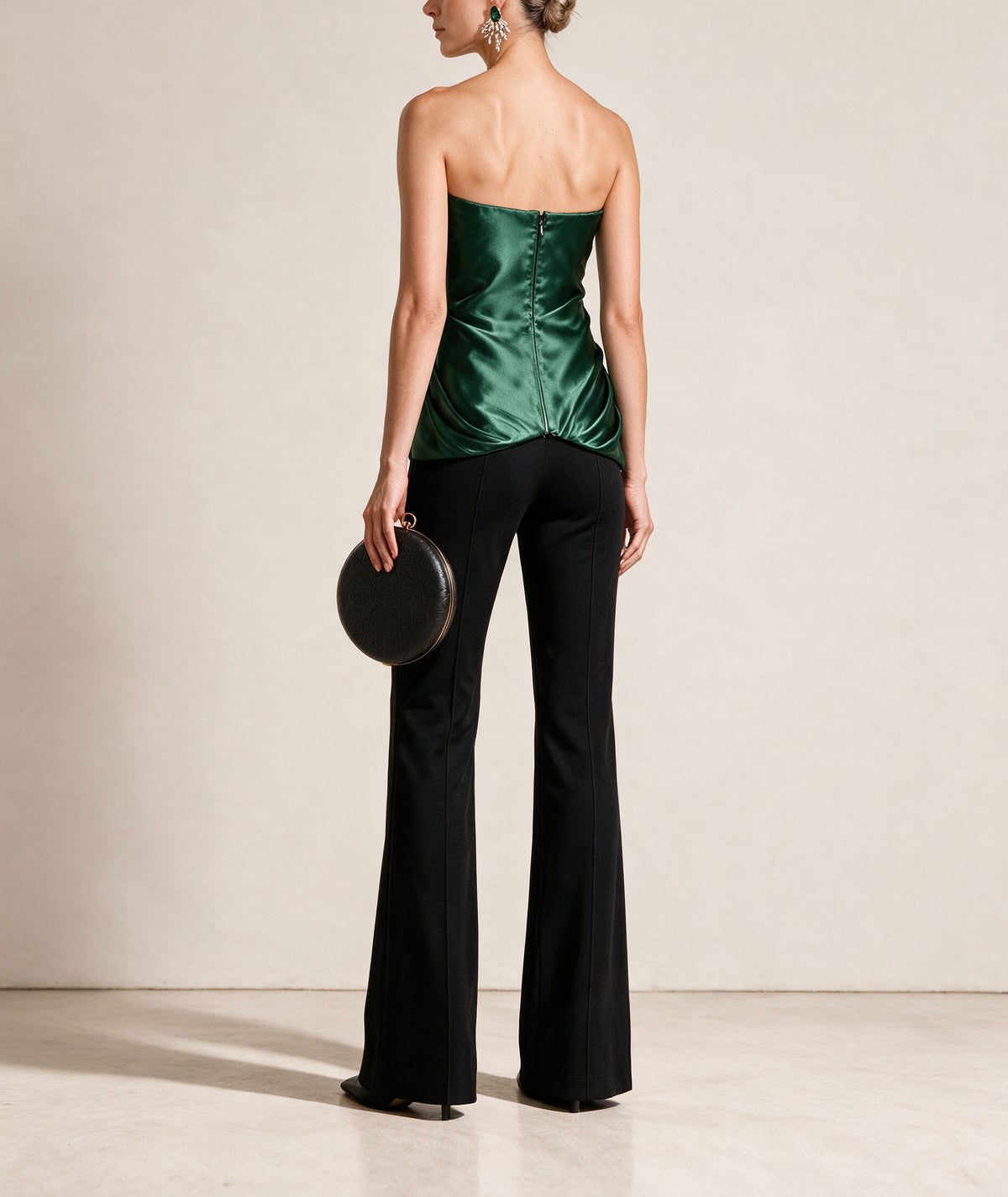 Costarellos | Green silk-blend mikado draped strapless Lyza top