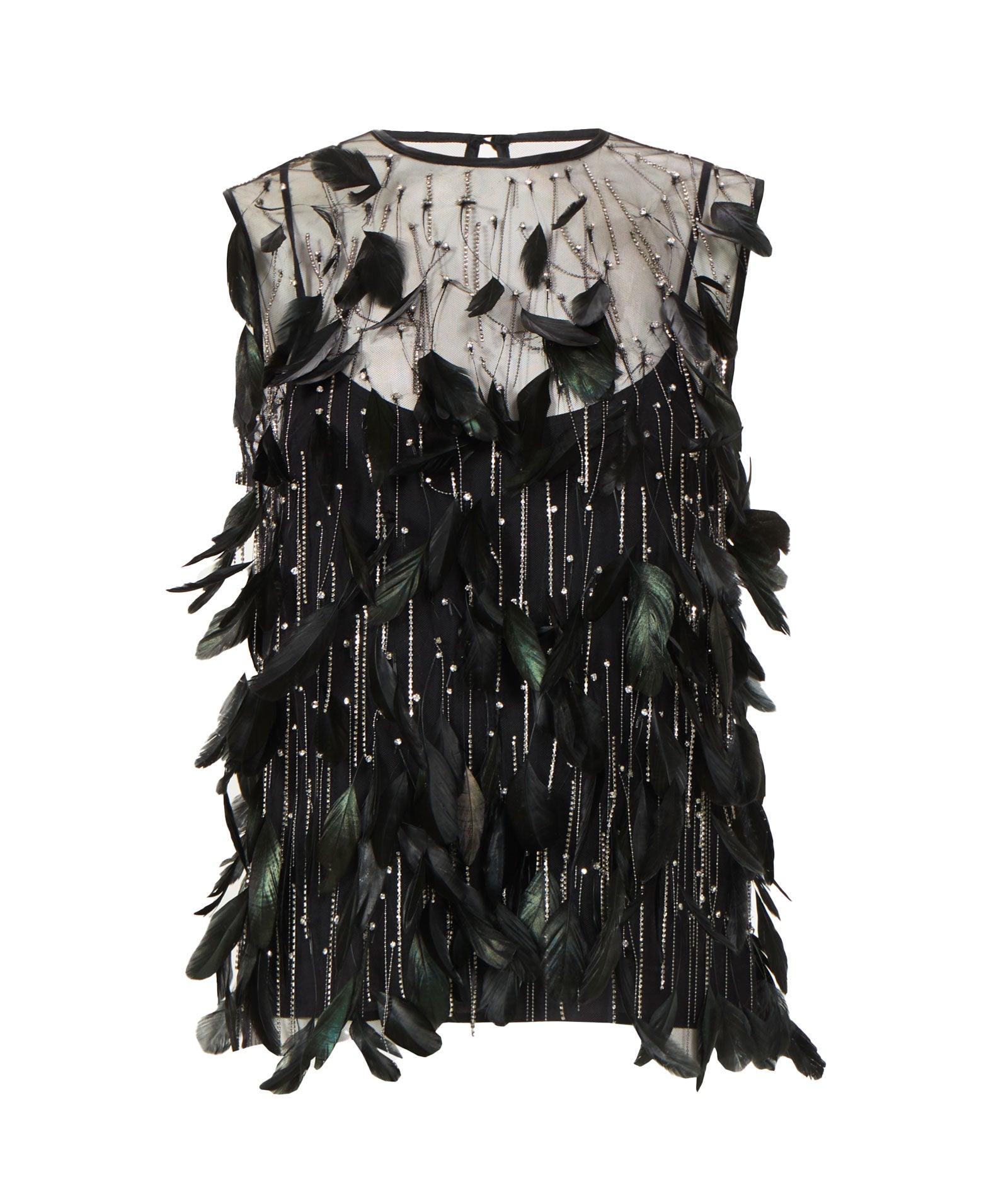 Costarellos | Black tulle Luneth top with crystals and feathers