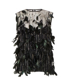 Costarellos | Black tulle Luneth top with crystals and feathers