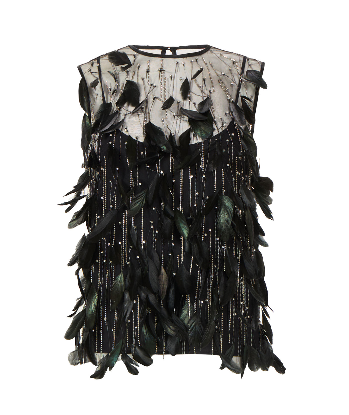 Costarellos | Black tulle Luneth top with crystals and feathers