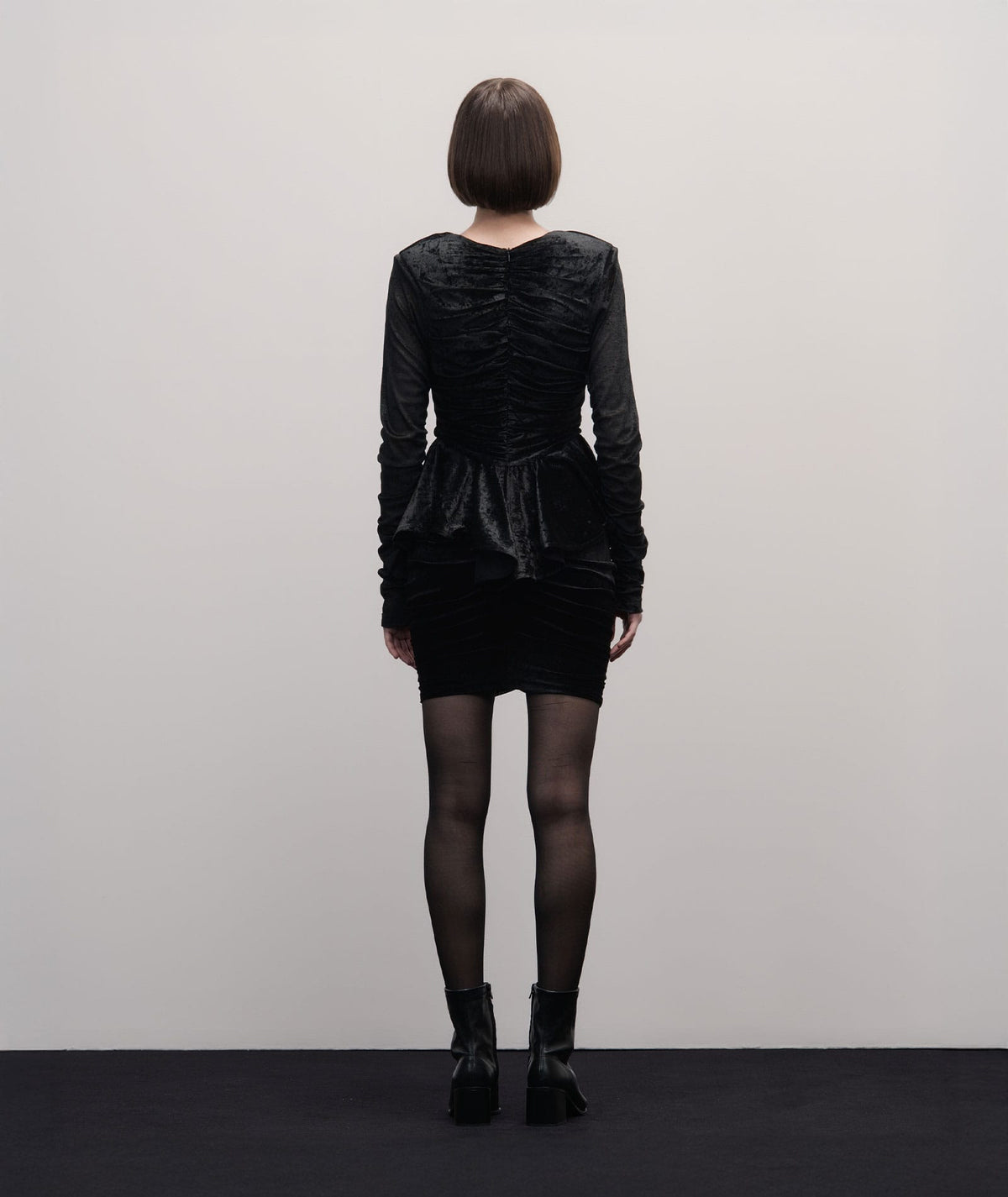 Stelios Koudounaris | Black velvet draped mini dress Stelios Koudounaris