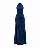 Stelios Koudounaris | Blue lurex jersey halter maxi dress Stelios Koudounaris