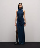 Stelios Koudounaris | Blue lurex jersey halter maxi dress Stelios Koudounaris