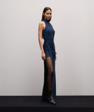 Stelios Koudounaris | Blue lurex jersey halter maxi dress Stelios Koudounaris