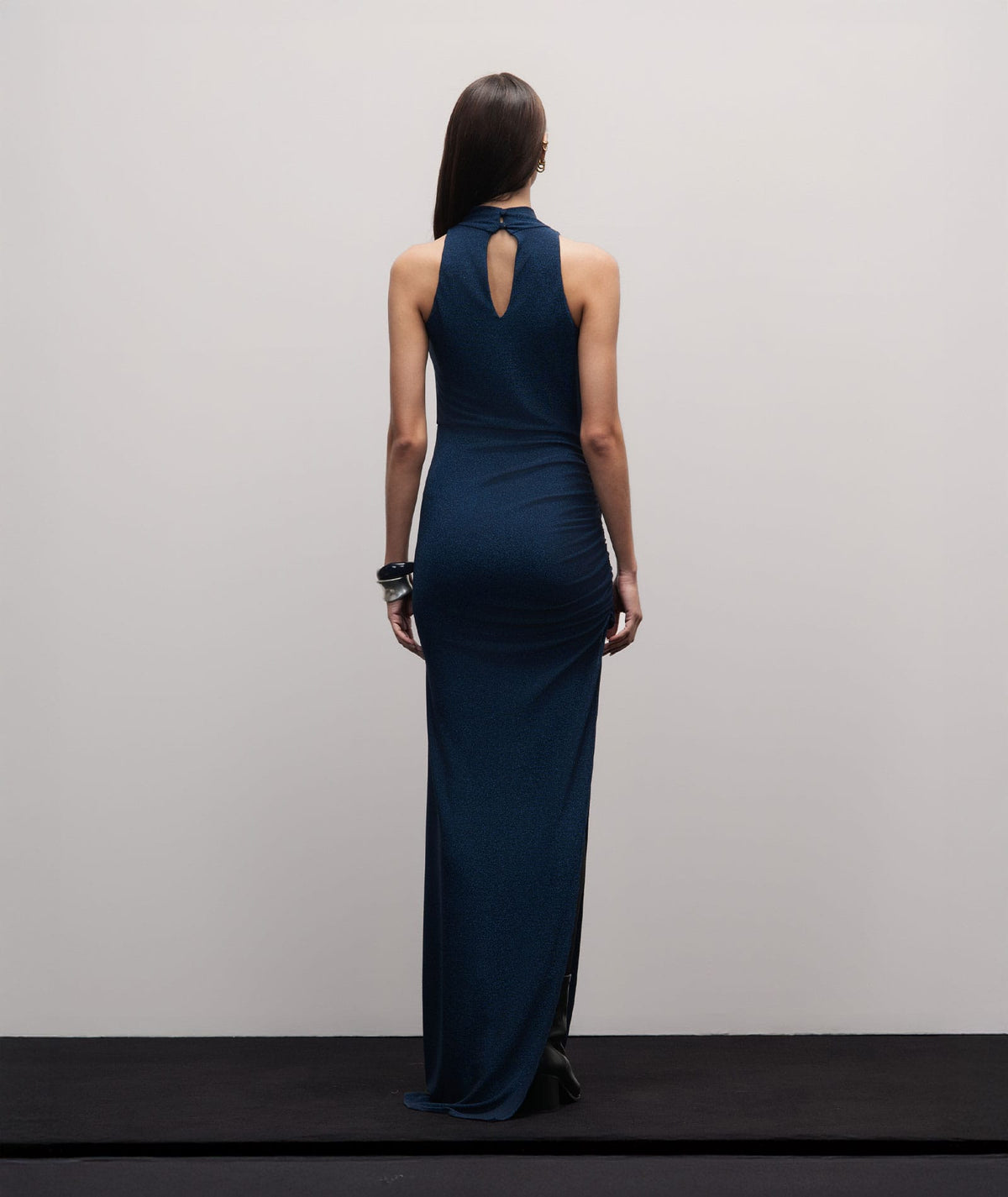 Stelios Koudounaris | Blue lurex jersey halter maxi dress Stelios Koudounaris