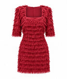 Stelios Koudounaris | Burgundy fringed square-neck mini dress Stelios Koudounaris