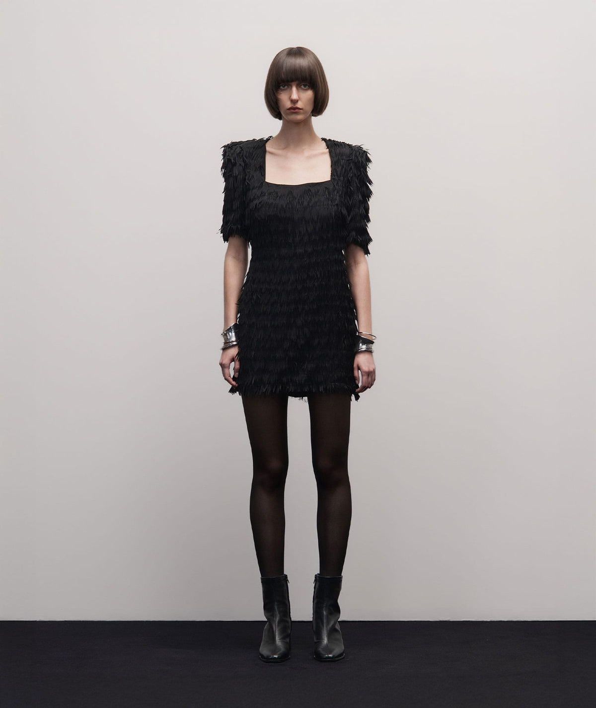 Stelios Koudounaris | Black fringed square-neck mini dress Stelios Koudounaris