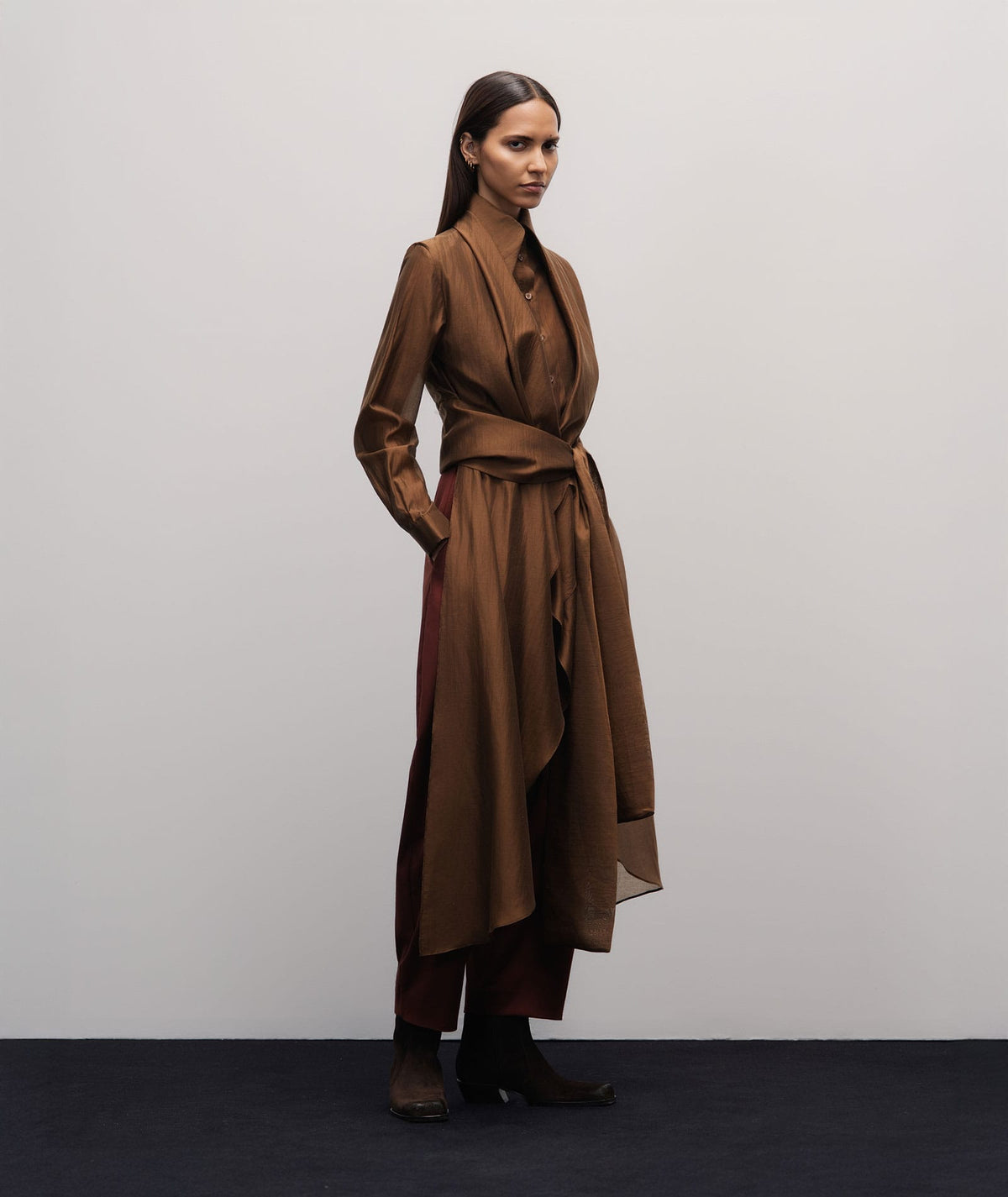 Stelios Koudounaris | Brown silk-blend asymmetric scarf shirt Stelios Koudounaris