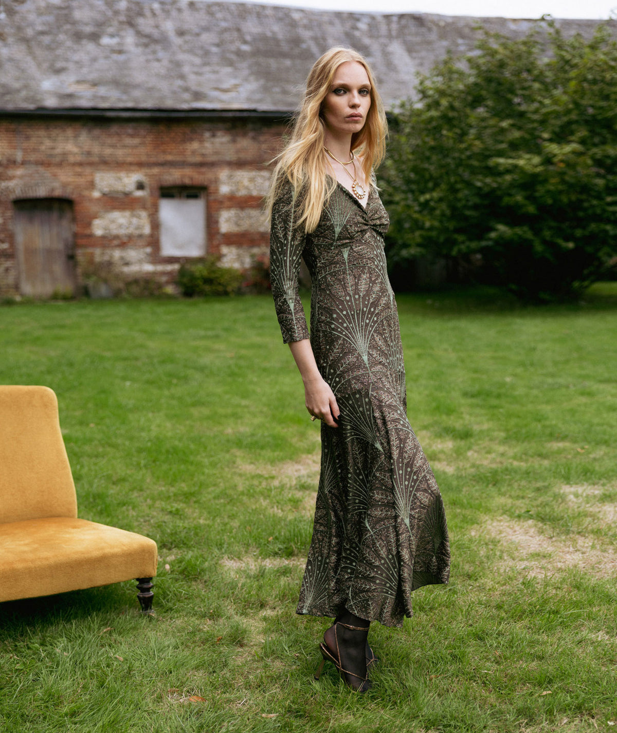 Nidodileda | Olive green embossed velvet Harlow midi dress