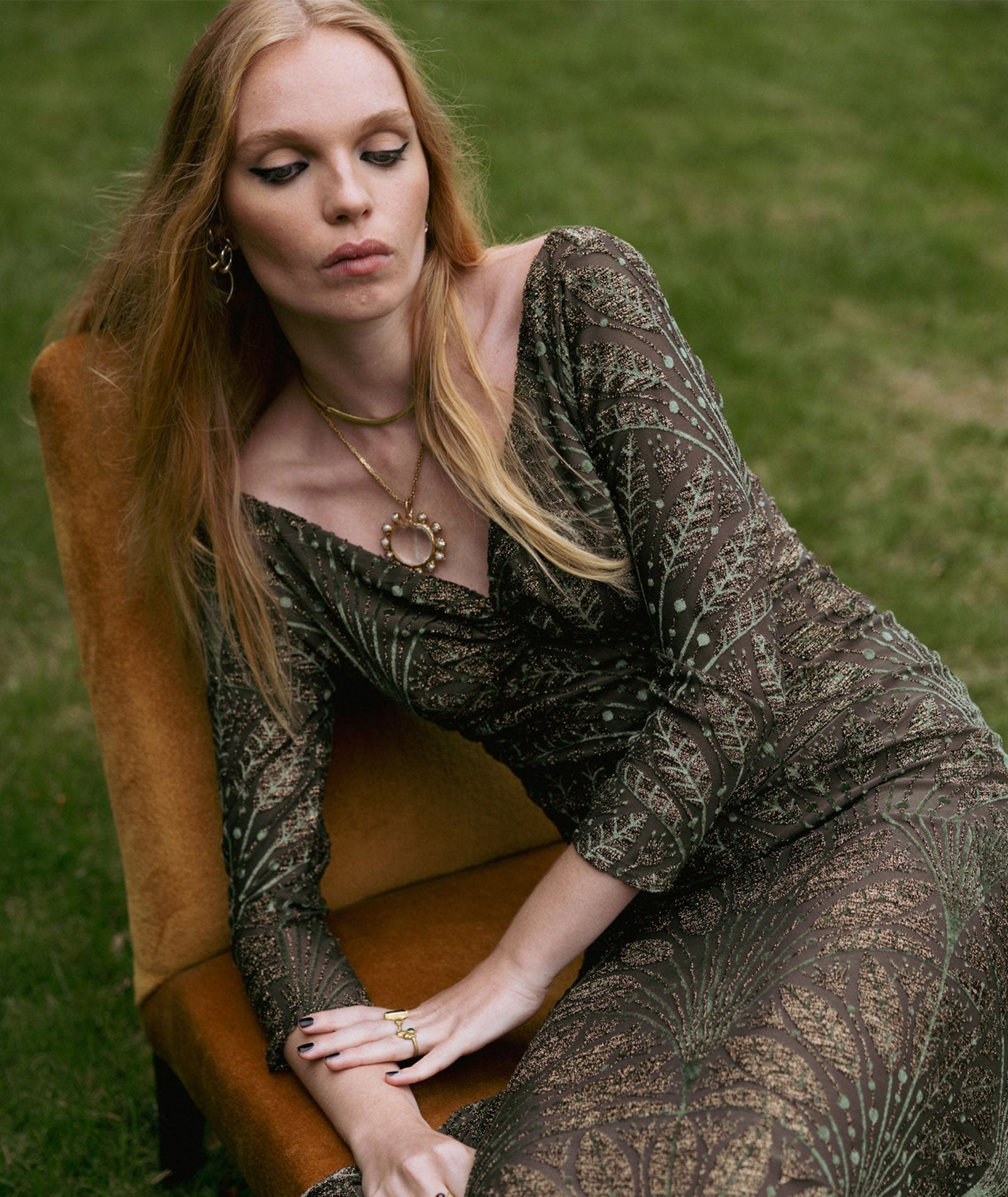 Nidodileda | Olive green embossed velvet Harlow midi dress