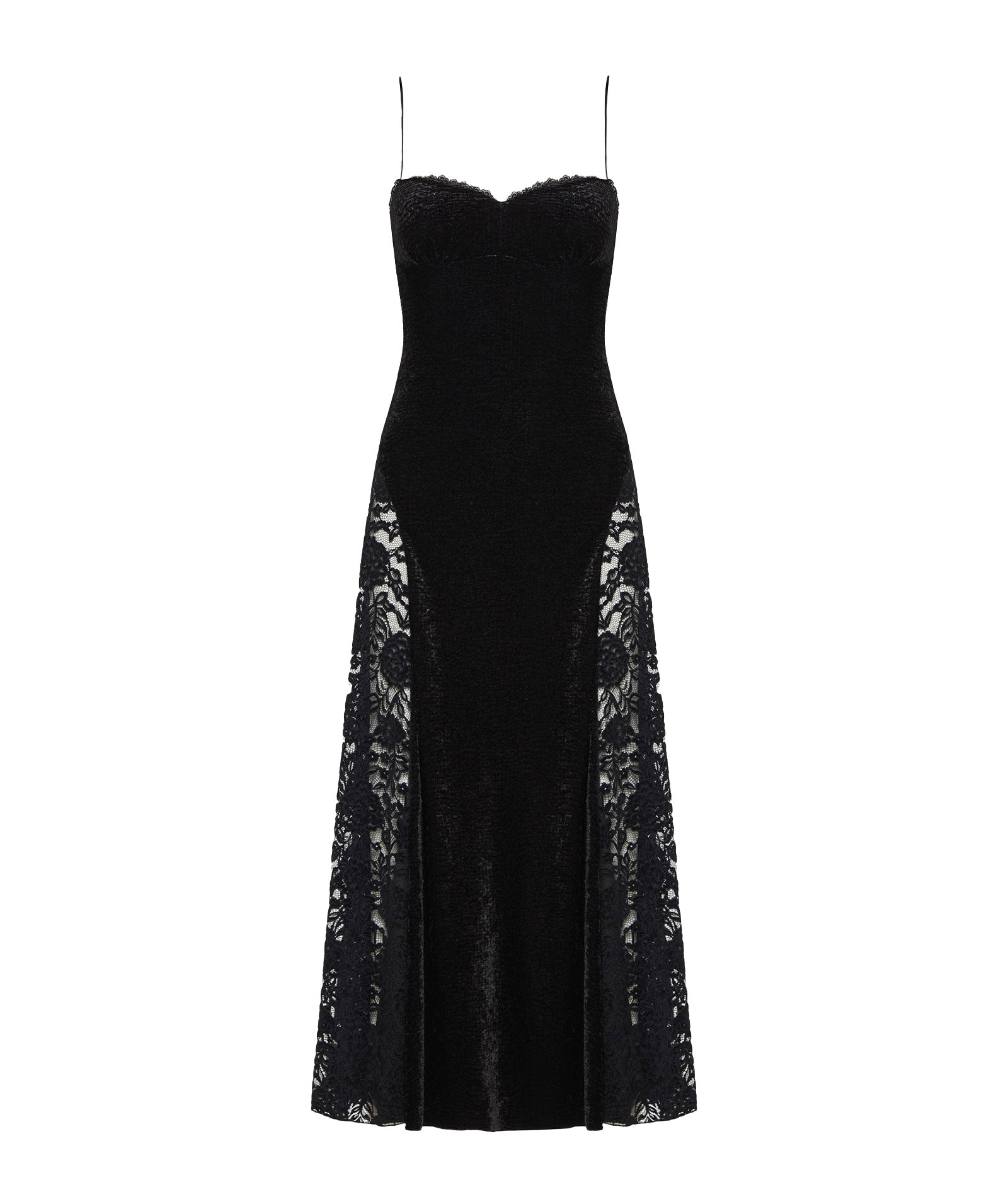 Nidodileda | Black velvet chenille lace-embellished Enola midi dress