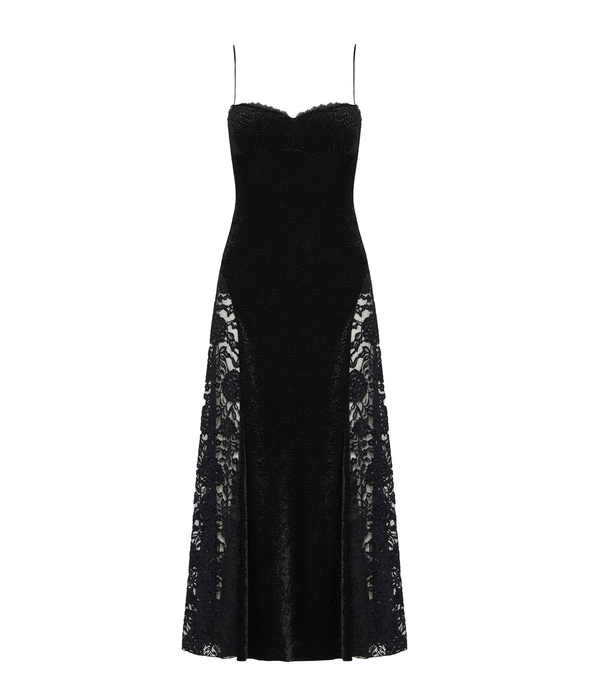 Nidodileda | Black velvet chenille lace-embellished Enola midi dress