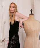 Nidodileda | Black velvet chenille lace-embellished Enola midi dress
