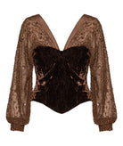 Nidodileda | Brown velvet Ciaran bustier with beaded-tulle sleeves