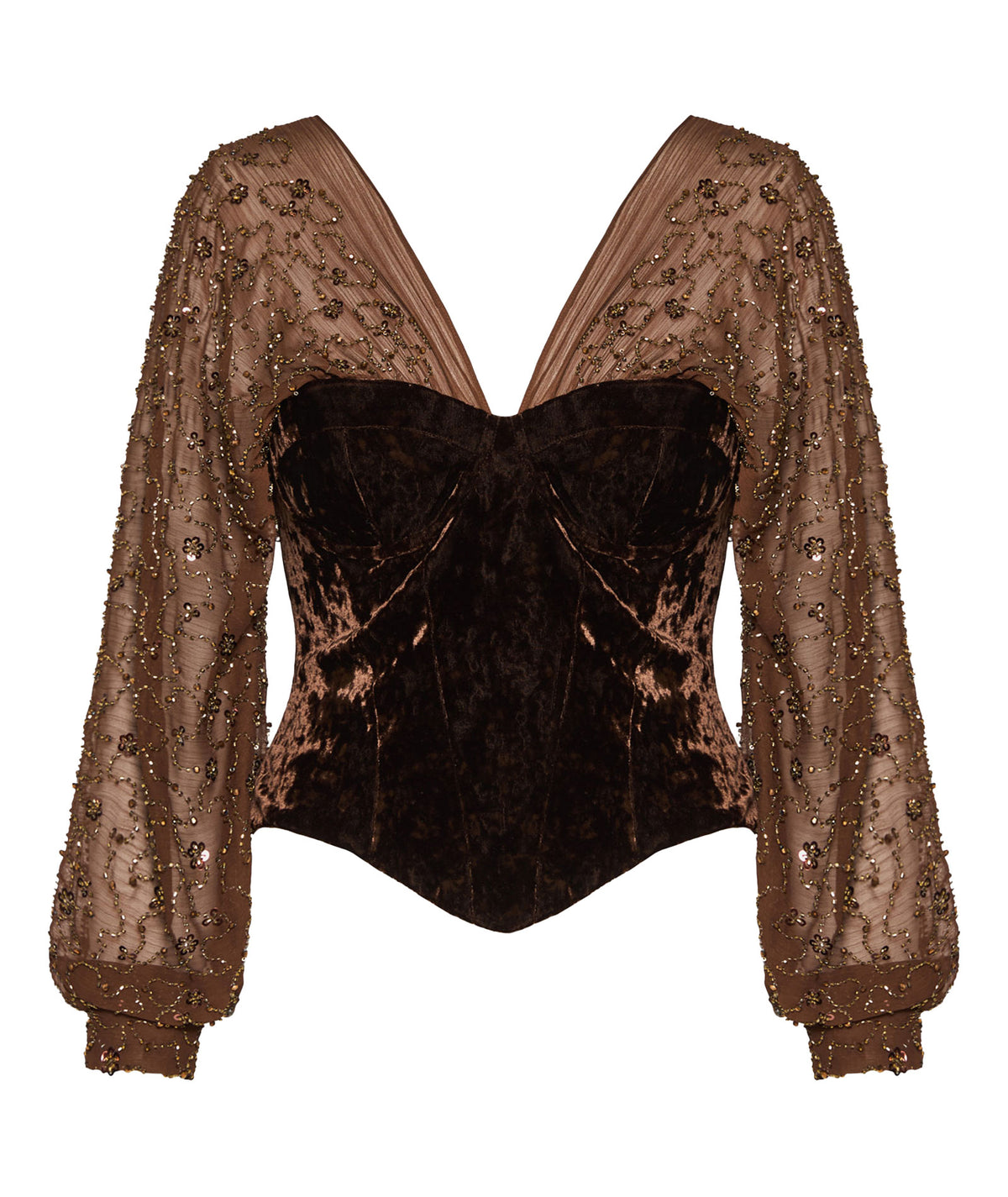 Nidodileda | Brown velvet Ciaran bustier with beaded-tulle sleeves