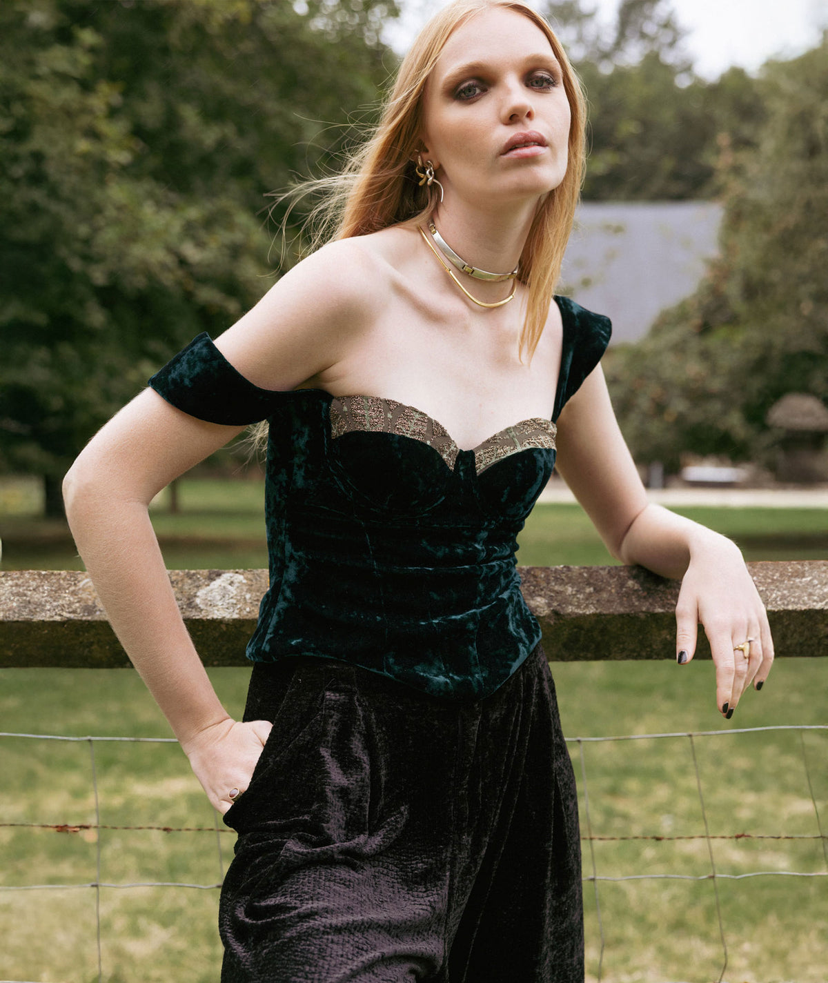 Nidodileda | Green velvet embellished Edmar bustier