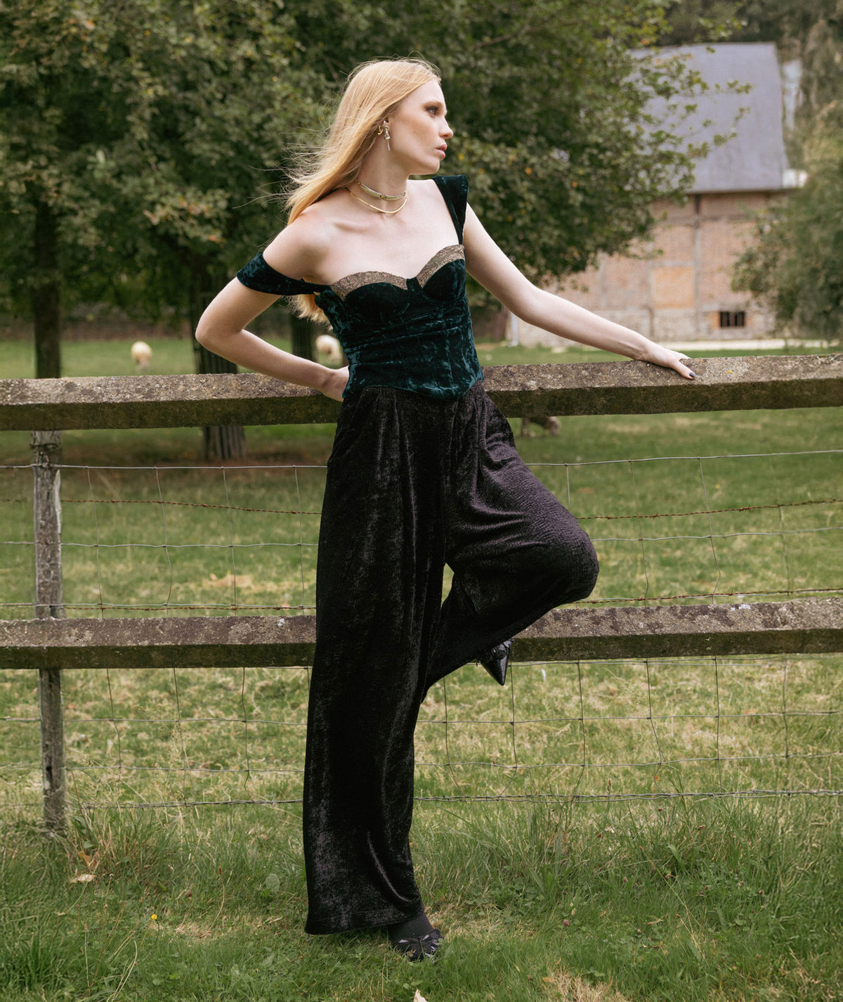 Nidodileda | Green velvet embellished Edmar bustier