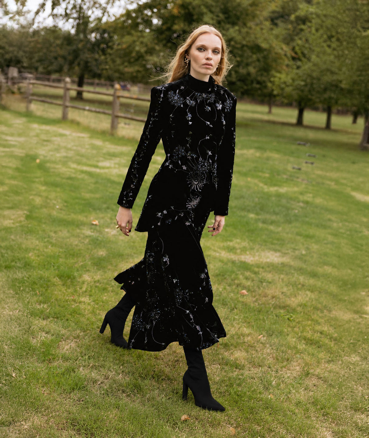 Nidodileda | Black beaded velvet asymmetric Orlene pants
