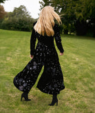 Nidodileda | Black beaded velvet asymmetric Orlene pants