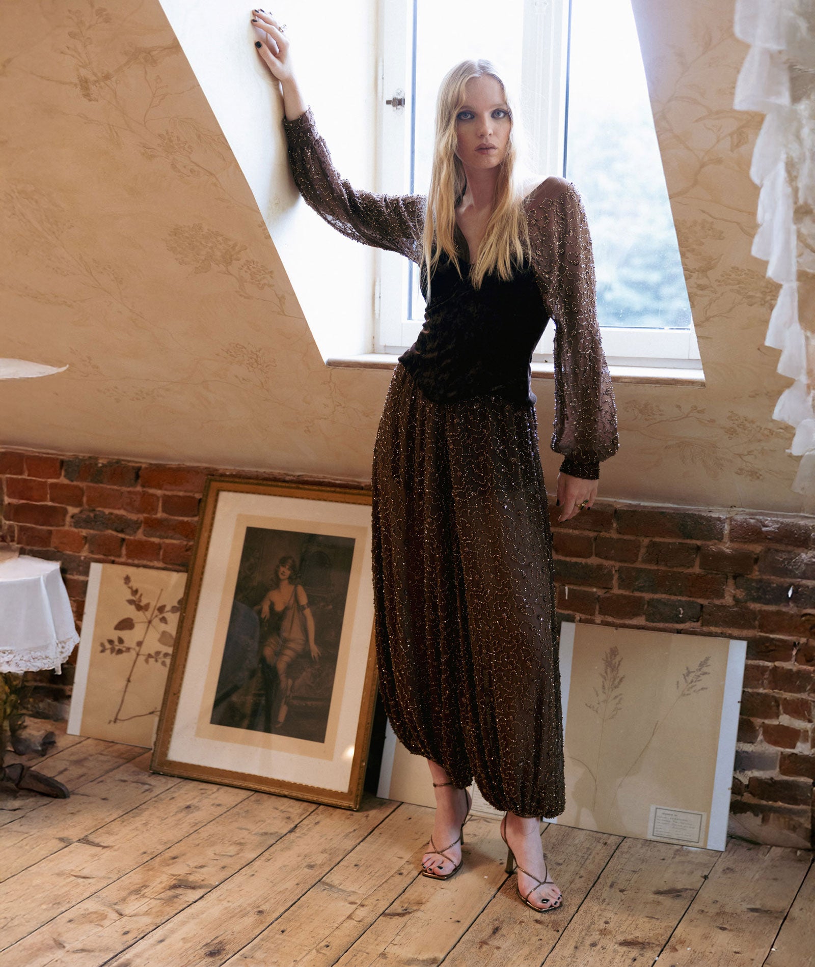 Nidodileda | Brown beaded tulle Alia balloon pants