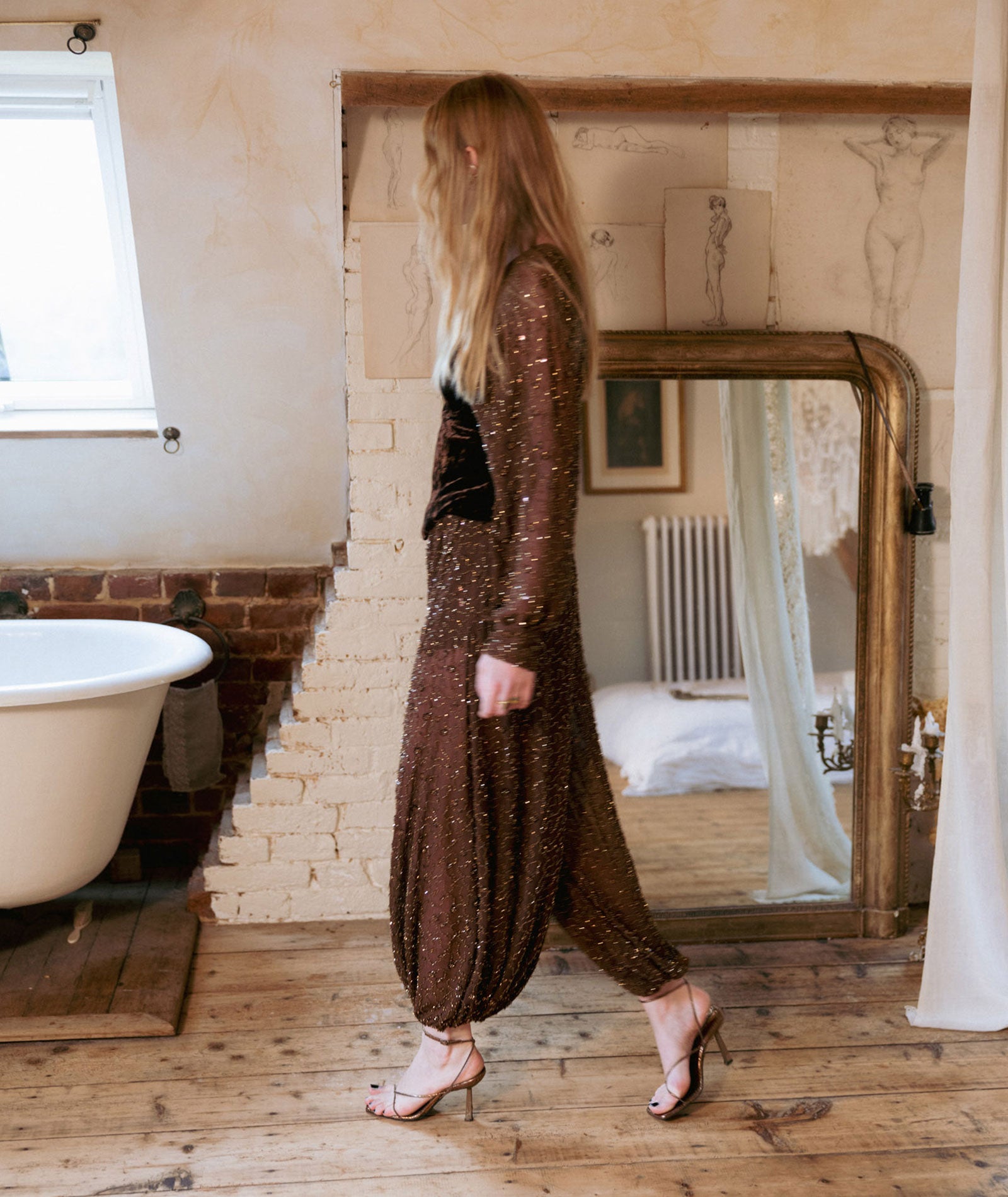 Nidodileda | Brown beaded tulle Alia balloon pants