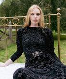 Nidodileda | Black beaded velvet asymmetric Adelynn skirt