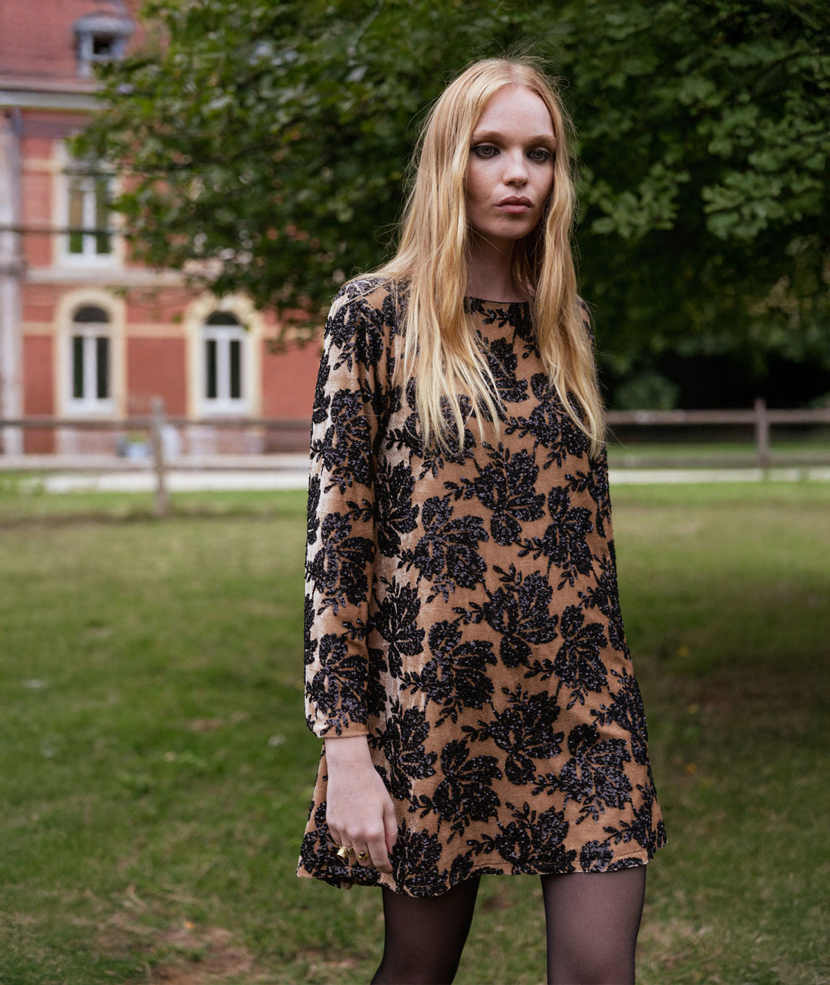 Nidodileda | Tan black velvet floral-sequined Dhaval mini dress