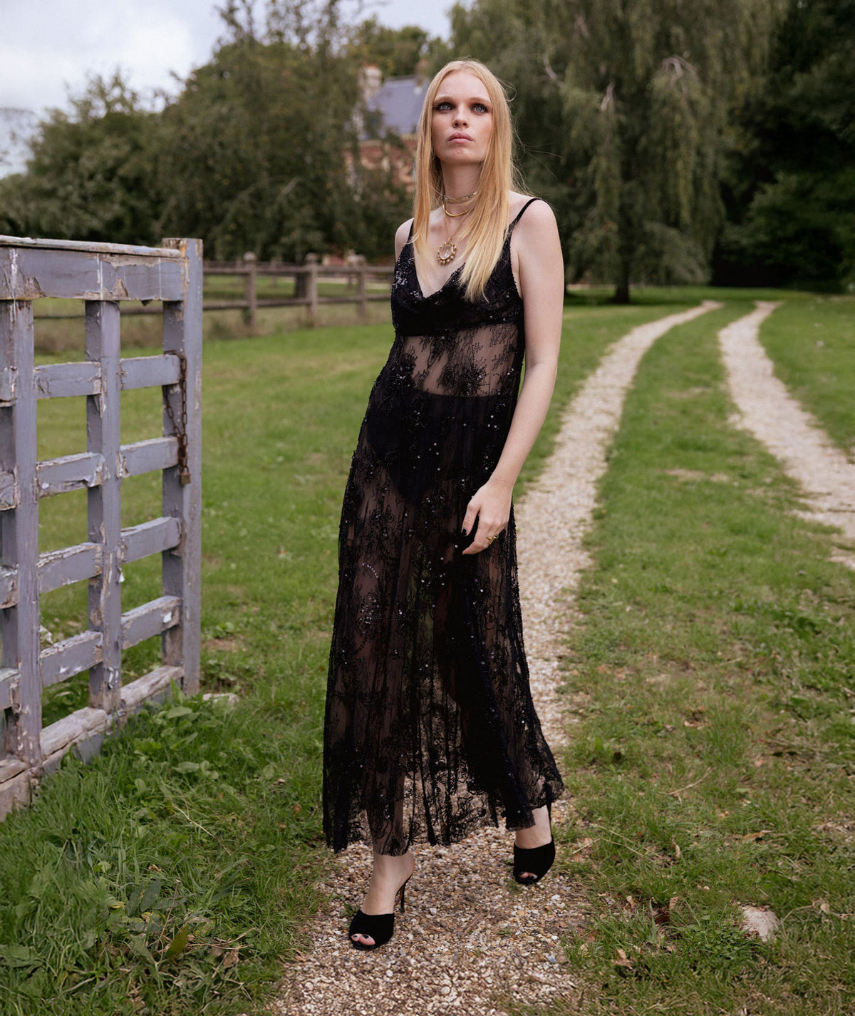 Nidodileda | Black lace beaded Junot maxi dress