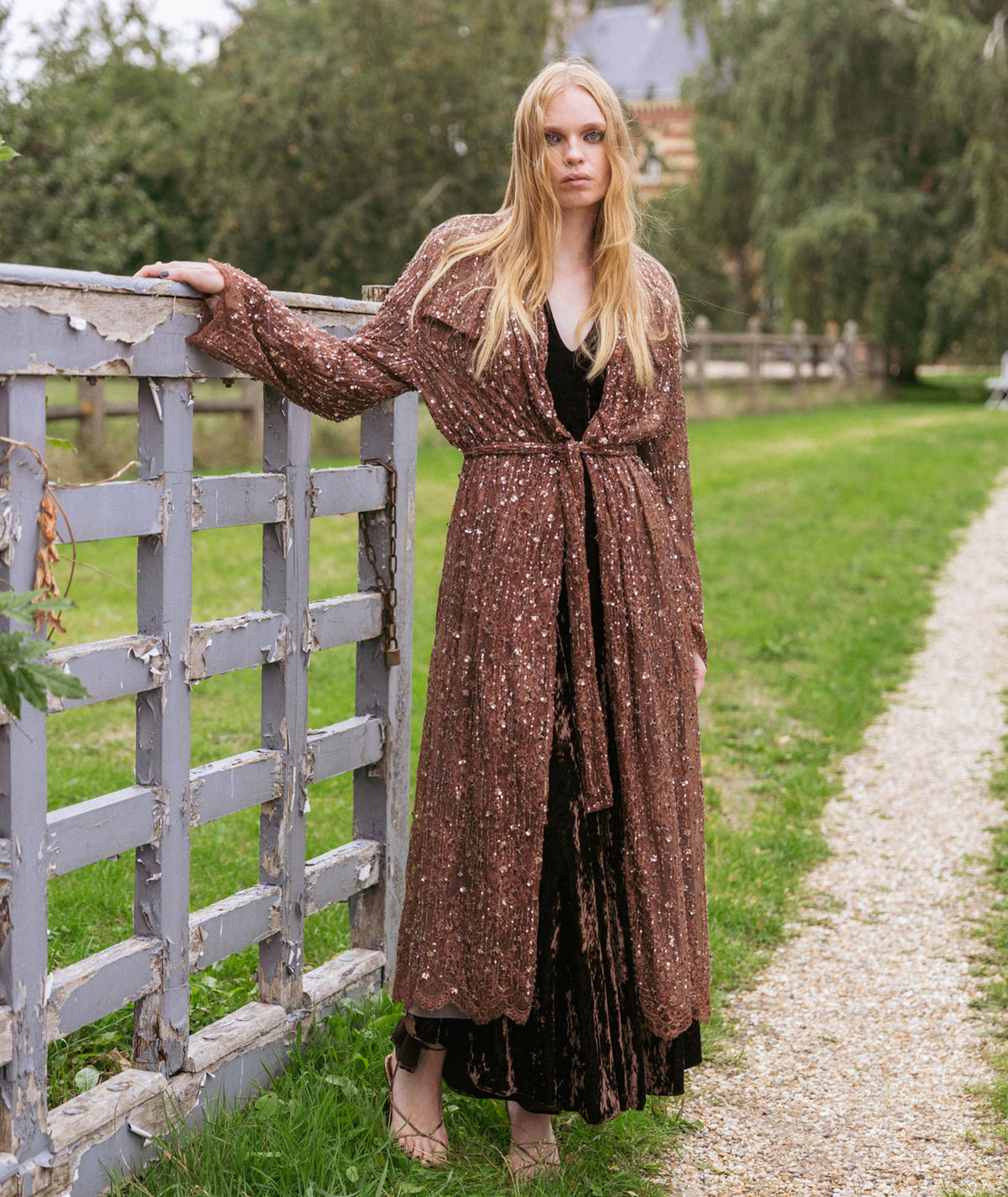 Nidodileda | Brown beaded-lace Verla belted trench coat