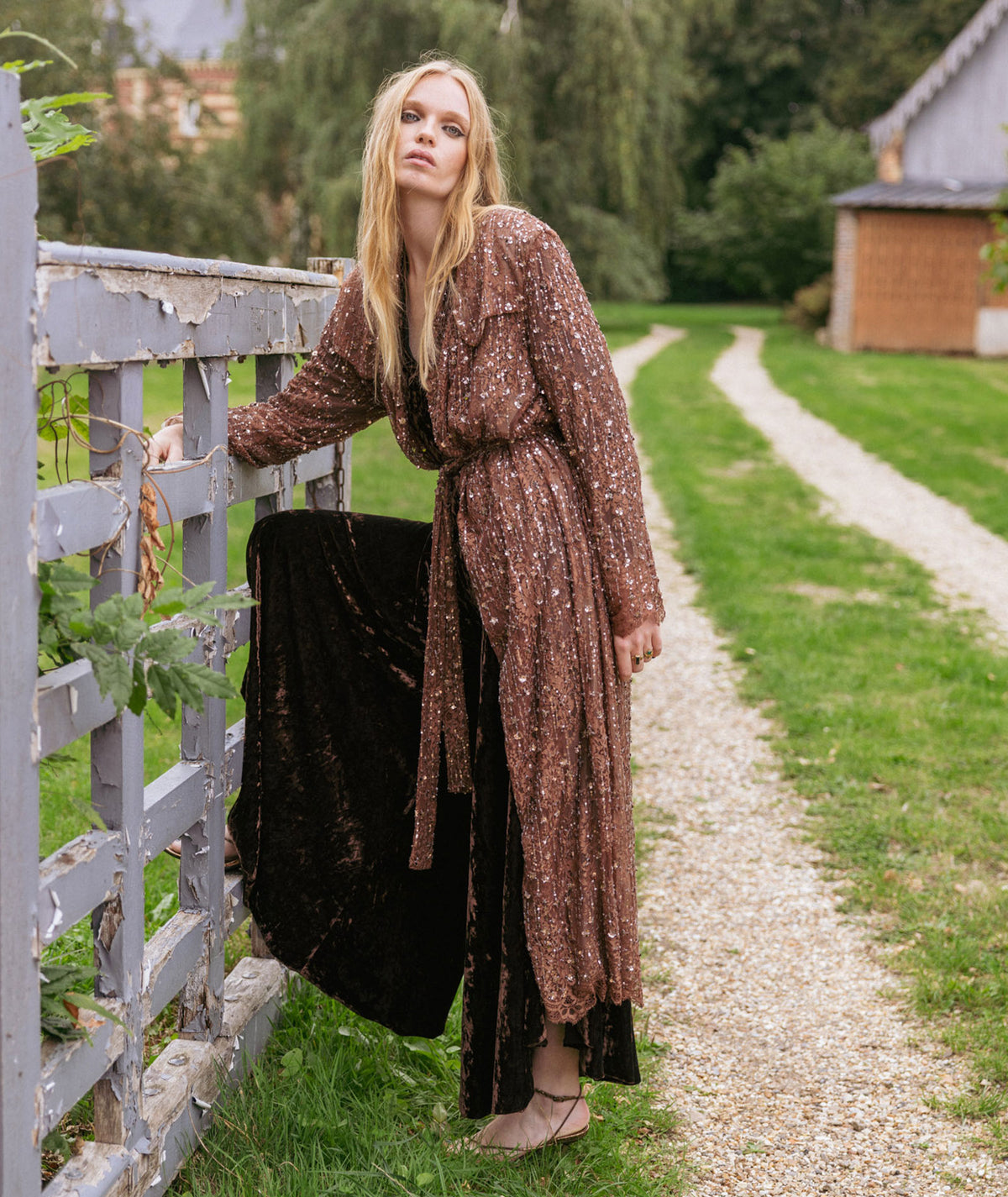Nidodileda | Brown beaded-lace Verla belted trench coat